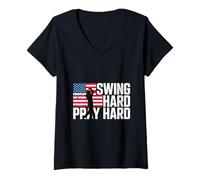 Women's Swing Hard Pray Hard American Christian Golf V-Neck T-Shirt