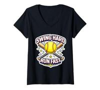 Women's Swing Hard Run Fast Softball Player Coach Fan Lover Slogan V-Neck T-Shirt