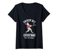 Womens Swingin’ Into Christmas Baseball Santa Funny Holiday Design V-Neck T-Shirt
