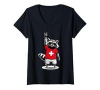 Women's Swiss Flag Raccoon Funny Switzerland V-Neck T-Shirt