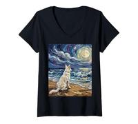 Women's Swiss Shepherd Starry Night White GSD at The Beach Artwork V-Neck T-Shirt