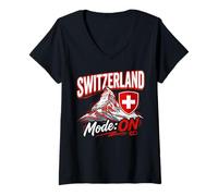 Women's Switzerland Mode ON Matterhorn Swiss Flag Vacation Souvenir V-Neck T-Shirt