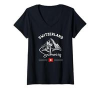 Womens Switzerland Schweiz Alps Mountains Swiss Flag Travel V-Neck T-Shirt