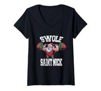 Womens Swole Saint Nick Retro Weight Lifting Santa Claus Gym Meme V-Neck T-Shirt