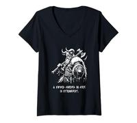 Womens Sword forged in fire is strongest Battle Masculinity Viking V-Neck T-Shirt