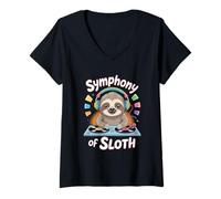 Womens Symphony of Sloth Dj Sloth Chill Vibes V-Neck T-Shirt