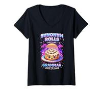Women's Synonym Rolls Grammar Pun Cute Vaporwave Teacher Humor V-Neck T-Shirt
