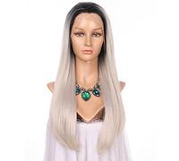Women's Synthetic Lace Front Wig Long Straight Black/Grey Ombre Hair Dark Roots Natural Hairline Natural Wigs Costume Wig
