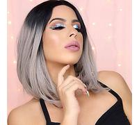 Women's Synthetic Lace Front Wig Short Straight Black/Grey Ombre Hair Bob Haircut Natural Wigs Costume Wig