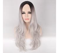Women's Synthetic Wig Long Wavy Black/Grey Ombre Hair African American Wig Dark Roots Middle Part Layered Haircut Natural Wigs Halloween