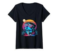 Women's Synthwave Bernese Mountain Dog Howling to The Moon V-Neck T-Shirt