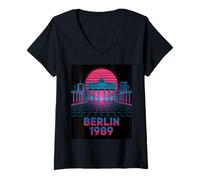 Womens Synthwave Brandenburg Gate Berlin 1989 Retro V-Neck T-Shirt