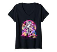 Women's Synthwave Cat Riding Dirt Bike 80s Retro Vaporwave Style V-Neck T-Shirt