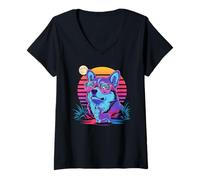 Women's Synthwave Pembroke Welsh Corgi Howling to The Moon Corgis V-Neck T-Shirt