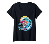 Womens Synthwave Surfer Squirrel Astronaut Squirrels V-Neck T-Shirt