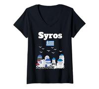 Womens Syros trip Greece souvenir Greek architecture Greek flag V-Neck T-Shirt