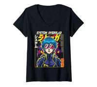 Women's System Overload Cyberpunk Anime Blue Hair Tech Graphic Tee V-Neck T-Shirt