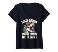 Women's T-Rex 40th Birthday Age 40 Year Old Dinosaur 40th Birthday V-Neck T-Shirt, Black, Small