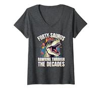 Women's T-Rex 40th Birthday Age 40 Year Old Dinosaur 40th Birthday V-Neck T-Shirt, Dark Heather Grey, Medium
