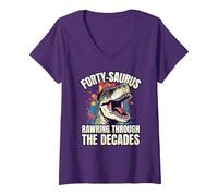 Women's T-Rex 40th Birthday Age 40 Year Old Dinosaur 40th Birthday V-Neck T-Shirt, Purple, Medium