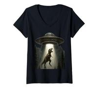 Womens T-Rex Abduction Alien UFO Dinosaur Sci-Fi V-Neck T-Shirt