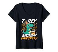Womens T-Rex Birthday Wrecker Funny Dino Party V-Neck T-Shirt