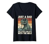 Women's T-Rex Dad Who Always Came Back with The Milk Retro Sunset V-Neck T-Shirt