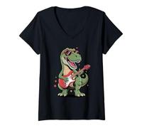 Womens T-Rex Dinosaur Playing Electric Guitar Funny Guitarists V-Neck T-Shirt
