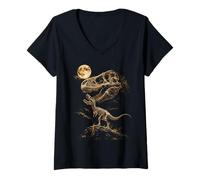 Women's T Rex Fossil Skeleton Dinosaur Moon - Graphic V-Neck T-Shirt