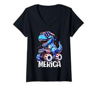 Womens T-Rex ‘Merica Monster Truck USA Patriotic Dinosaur Design V-Neck T-Shirt