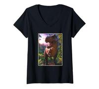 Womens T-rex on the Hunt Dinosaur V-Neck T-Shirt