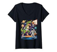 Womens T-Rex Playing Basketball with an Astronaut in Outer Space V-Neck T-Shirt
