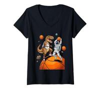 Women's T-Rex Playing Basketball with an Astronaut in Outer Space V-Neck T-Shirt