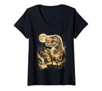 Women's T-Rex Roaring Full Moon Prehistoric Dino Jungle Scene V-Neck T-Shirt