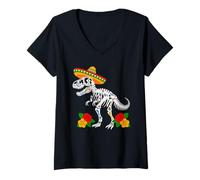 Women's T Rex Sugar Skull Dinosaur Sombrero Dia De Los Muertos Roses V-Neck T-Shirt