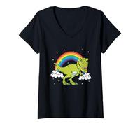 Womens T-Rex Tyrannosaurus Rex Dinosaur Rainbow Clouds Stars V-Neck T-Shirt