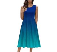 Women's T-Shirt Dress with Pockets,Sleeveless Crew Neck Summer Tunic Dress Pockets Casual Loose Beach Boho Shift Dresses Knee Length A Line Swing Skater Dresses for Ladies UK Clearance Blue