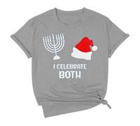 Women's T-Shirt 'I Celebrate Both' for Hanukkah and Christmas - Funny Top for the Holidays | Interfaith Statement Shirt with Menorah and Santa Hat, style_d04 gray, M