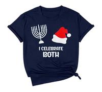 Women's T-Shirt 'I Celebrate Both' for Hanukkah and Christmas - Funny Top for the Holidays | Interfaith Statement Shirt with Menorah and Santa Hat, style_d03 blue, M