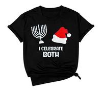 Women's T-Shirt 'I Celebrate Both' for Hanukkah and Christmas - Funny Top for the Holidays | Interfaith Statement Shirt with Menorah and Santa Hat, style_d01 black, S
