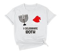 Women's T-Shirt 'I Celebrate Both' for Hanukkah and Christmas - Funny Top for the Holidays | Interfaith Statement Shirt with Menorah and Santa Hat, Style_d05 White, L