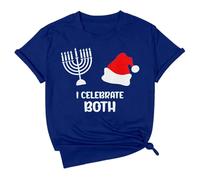Women's T-Shirt 'I Celebrate Both' for Hanukkah and Christmas - Funny Top for the Holidays | Interfaith Statement Shirt with Menorah and Santa Hat, style_d02 blue, XXL