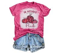 Women's T-Shirt 'In October We Wear Pink' Breast Cancer Awareness Bleached Shirt with Pumpkin Motif | Statement Top for Awareness Month, style_n01 pink, XXL