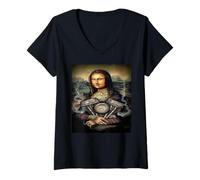 Women's t Shirt Mona Lisa Motorcycle Retro Vintage tee Shirt V-Neck T-Shirt