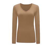 Womens T Shirt New Ladies Tops Long Sleeve V Neck Basic Casual Tshirts UK Plus Size 8-26 Mocha