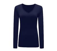 Womens T Shirt New Ladies Tops Long Sleeve V Neck Basic Casual Tshirts UK Plus Size 8-26 Navy Blue