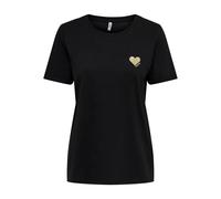 ONLY ONLKITA Women's Plain T-Shirt with Brand Heart Basic Short Sleeve Crew Neck Top Short Sleeve Top, Black/Print: Gold Glitter Heart, XS