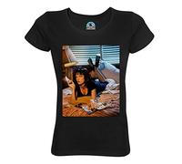 Women's T-Shirt Round Neck Organic Cotton Actress Photo Uma Thurman Film Pulp Fiction Cigarette Bed Tarantino Cinema, Black, XL