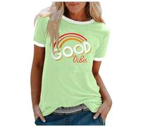Women's T-Shirt Round Neck Short Sleeve Cotton Summer Good Vibes Rainbow Printed Casual Elegant Tunic Tops Teen Girl S-5XL, Green 1, XXL