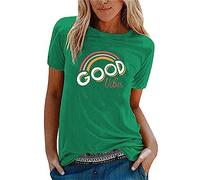 Women's T-Shirt Round Neck Short Sleeve Cotton Summer Good Vibes Rainbow Printed Casual Elegant Tunic Tops Teen Girl S-5XL, green, L
